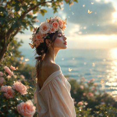 The primary subject of the image is a woman wearing a flower crown and a white dress. She is standing in front of a beautiful ocean view, with a tree in the background. The visual style of the image is a combination of photo and digital art, creating a serene and natural atmosphere. The colors in the image are predominantly pink, which adds to the overall mood of the scene.